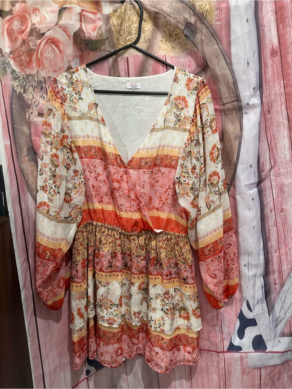 Ya Los Angeles Floral Striped Mini Dress in Pink, Cream & Orange